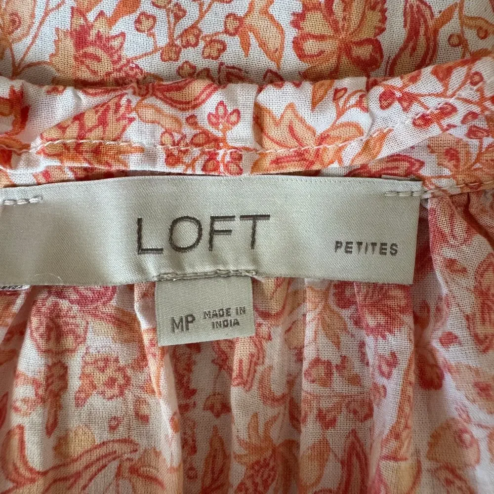 LOFT Peach Orange Floral Ruffle Neck Peasant Blouse Size Medium Petite - Picture 9 of 11